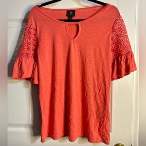 JM Jessica McClintock Crochet Sleeve‎ Top Keyhole Neckline Coral Blouse